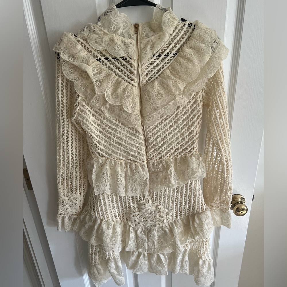 Self-Portrait Cream Lace Ruffle Long-Sleeve Midi Dress - Picture 4 of 8